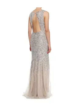 Alice + Olivia Saba Sleeveless Beaded Mesh Gown Silver Sequins on Nude Lining Size AU 4 for rent on The Volte - image 2