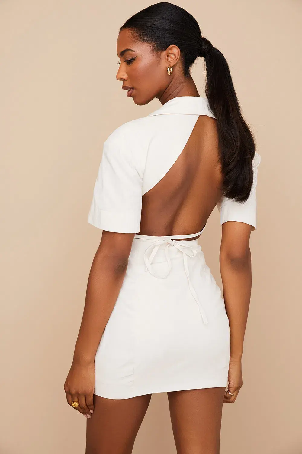 House of CB Luisa Open Back Shirt Mini Dress Beige Size XS / AU 6 for rent on The Volte - main image