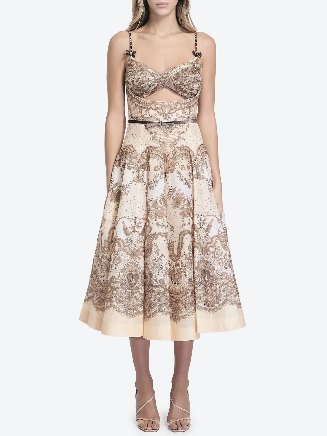 Zimmermann Crush Twist Front Midi Dress Peach Lace Print Size 0 / AU 8 for rent on The Volte - main image