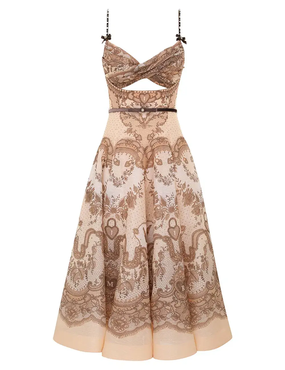 Zimmermann Crush Twist Front Midi Dress Peach Lace Print Size 0 / AU 8 for rent on The Volte - main image