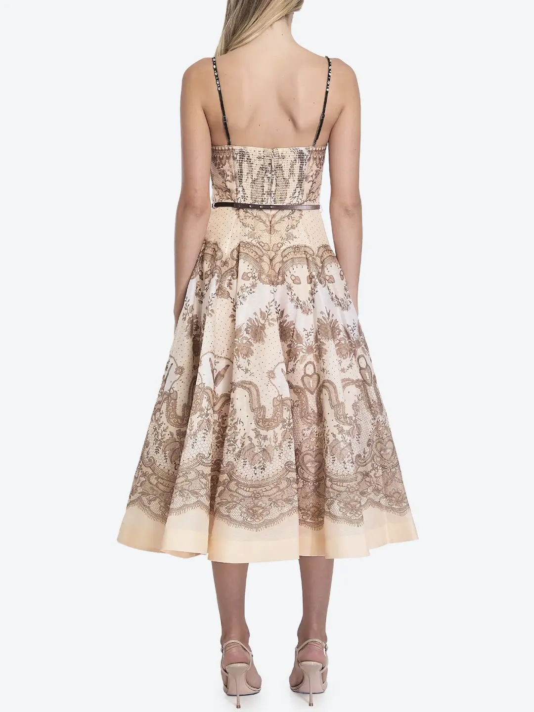 Zimmermann Crush Twist Front Midi Dress Peach Lace Print Size 0 / AU 8 for rent on The Volte - main image