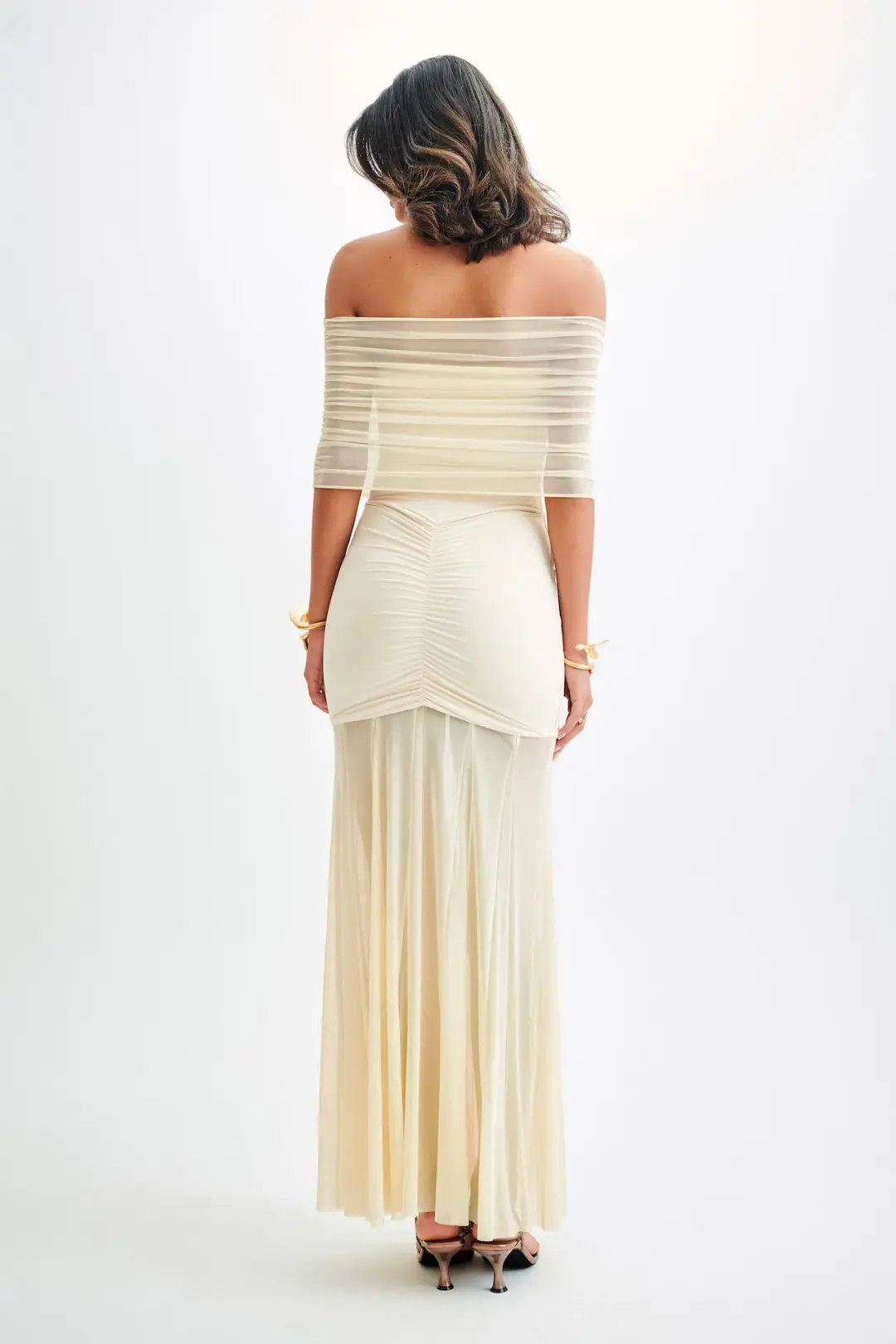 Meshki Caspian Slinky And Mesh Off Shoulder Maxi Dress Ivory Size L / AU 12 for rent on The Volte - main image