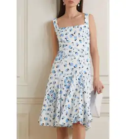 Emilia Wickstead Dena Floral Print Dress Swiss-dot Light Blue Size AU 12