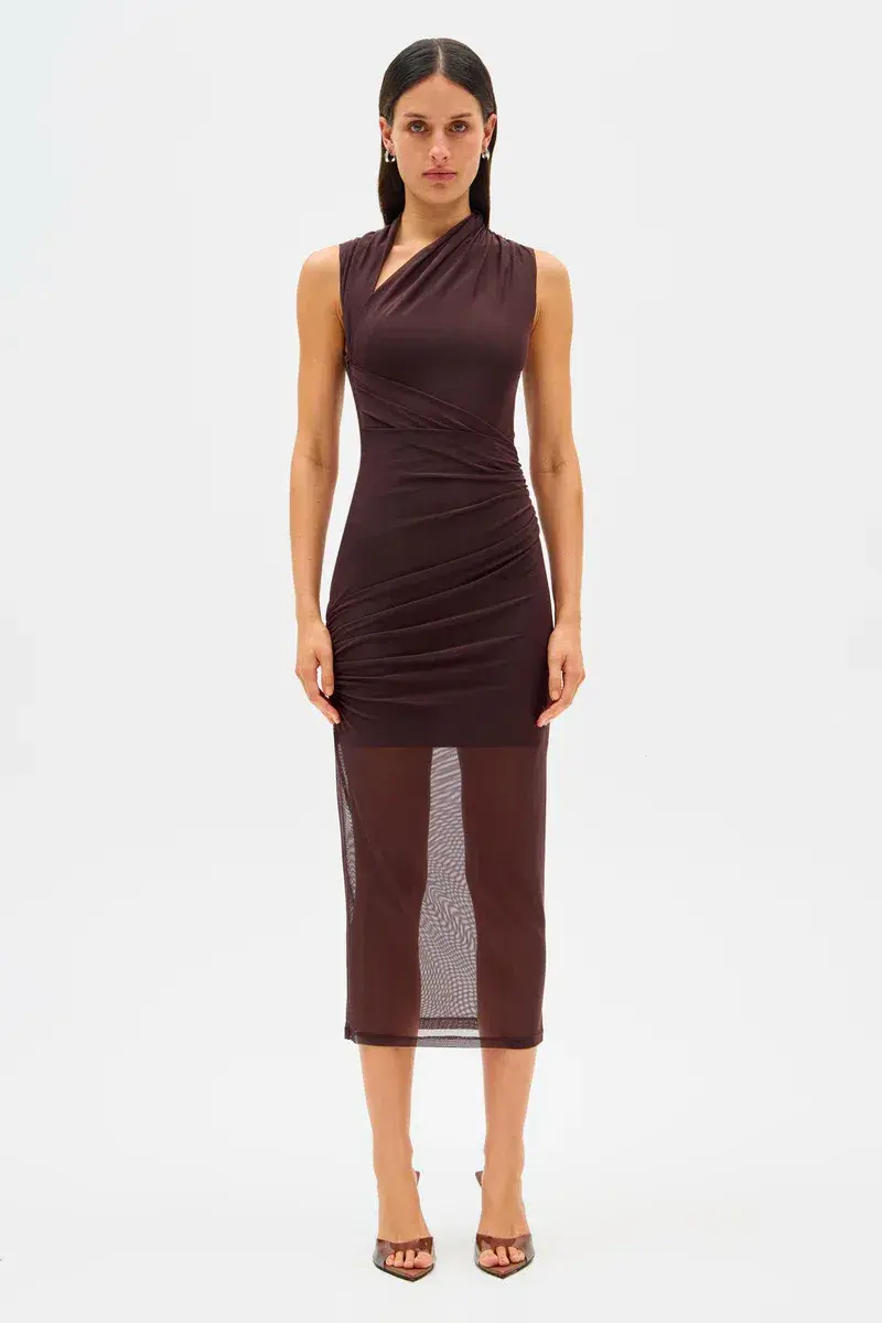Misha Tillie Mesh Midi Dress Brown Size 8/S for rent on The Volte - main image