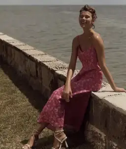 Scanlan Theodore Linen Palm Print Slip Dress Pink Size 6