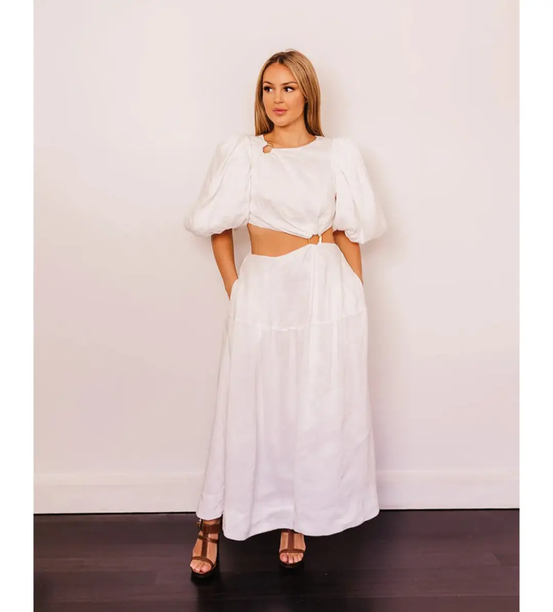 Aje Vanades Cut Out Ring Midi Dress in Ivory Size AU 6 for rent on The Volte - main image