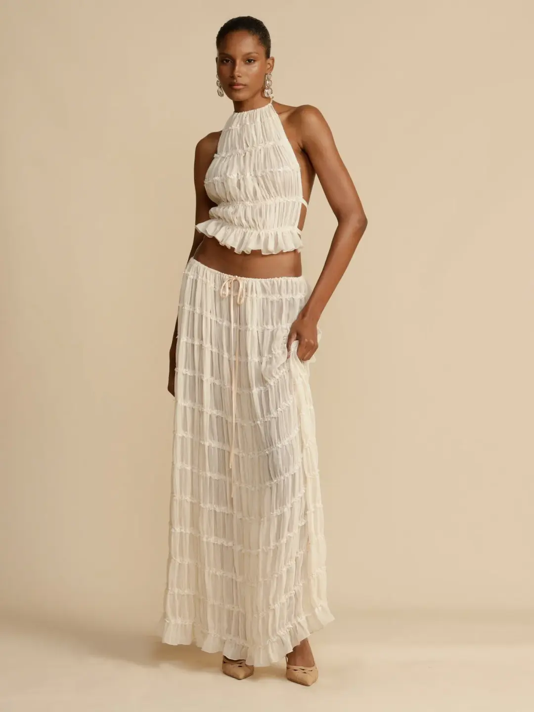 Arcina Ori Juliette Halter Top & Maxi Skirt Set Warm Cream Size S / AU 8 for rent on The Volte - main image