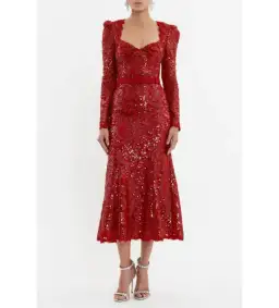 Rebecca Vallance Nicky Hilton Leyla Long Sleeve Midi Dress in Red Sequin Size XS / AU 6