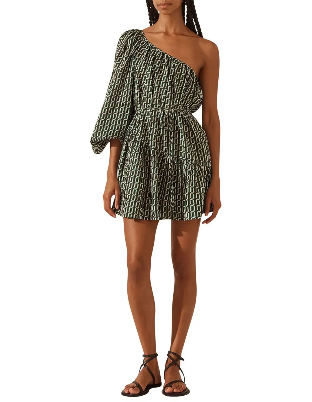 Shona Joy Ida Long Sleeve One Shoulder Tiered Mini Dress Print Size 6 for rent on The Volte - main image