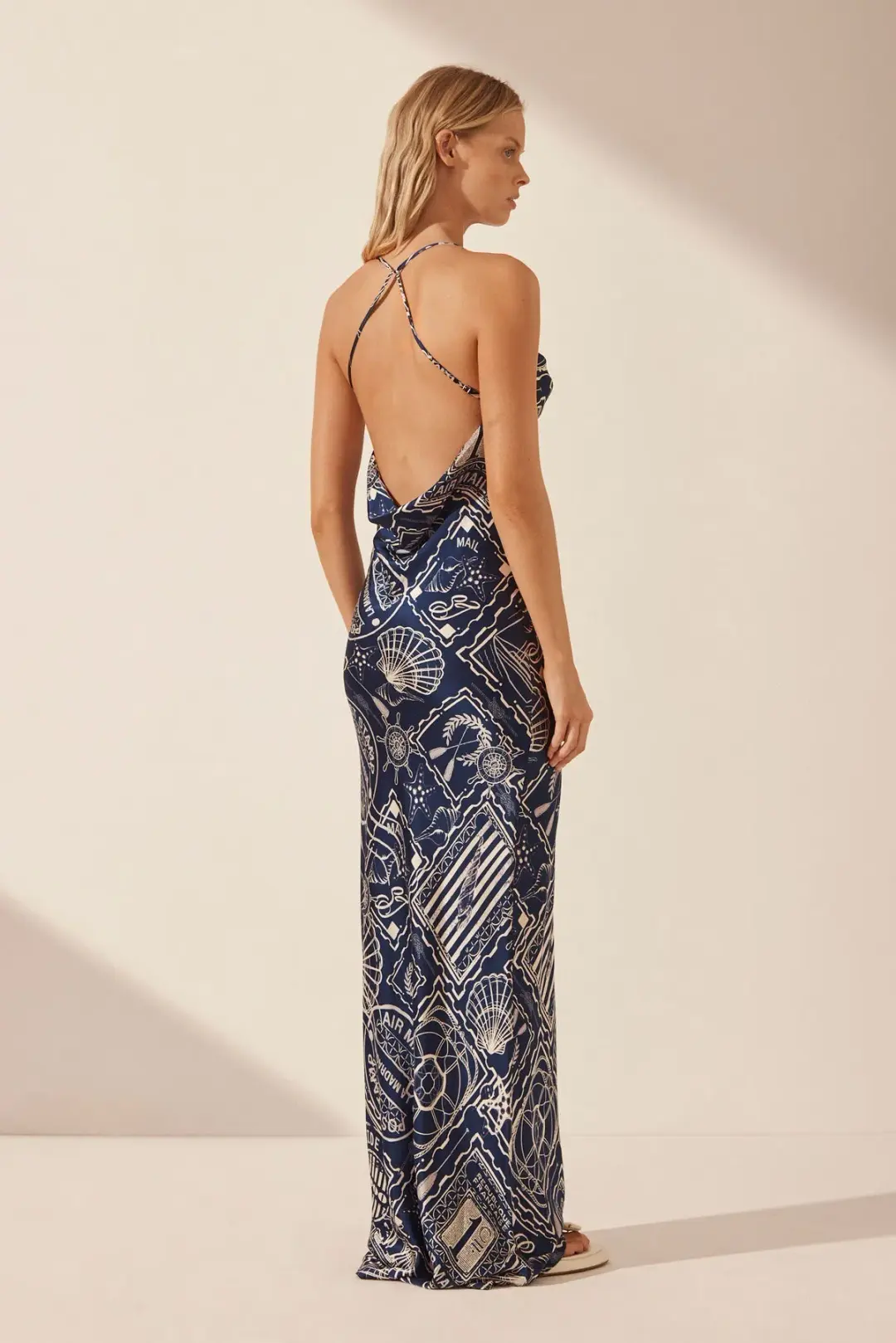 Shona Joy Mer Silk Double Cowl Bias Maxi Dress Navy/Ivory Print Size 6 for rent on The Volte - main image