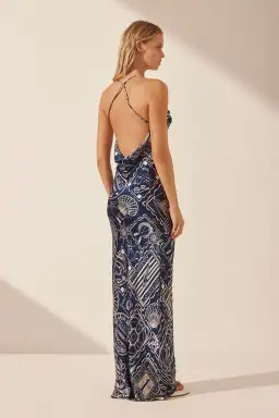 Shona Joy Mer Silk Double Cowl Bias Maxi Dress Navy/Ivory Print Size 6 for rent on The Volte - image 3