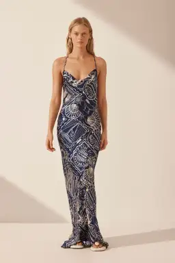 Shona Joy Mer Silk Double Cowl Bias Maxi Dress Navy/Ivory Print Size 6 for rent on The Volte - image 1