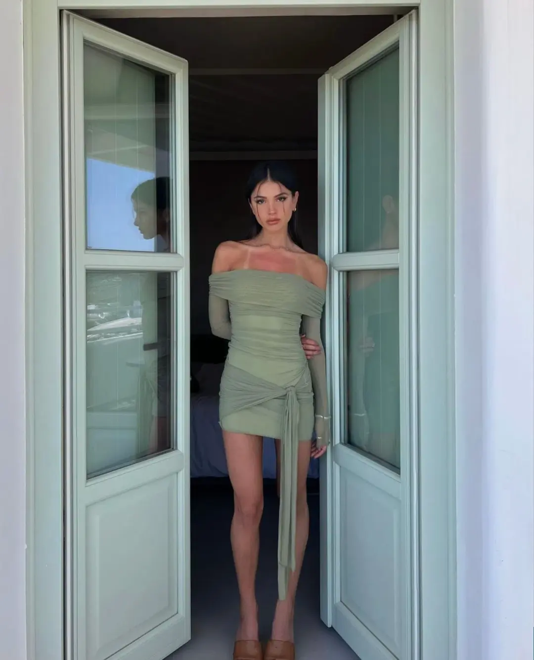 Benni Yasmin Off Shoulder Mini Dress Pistachio Size AU 8 for rent on The Volte - main image