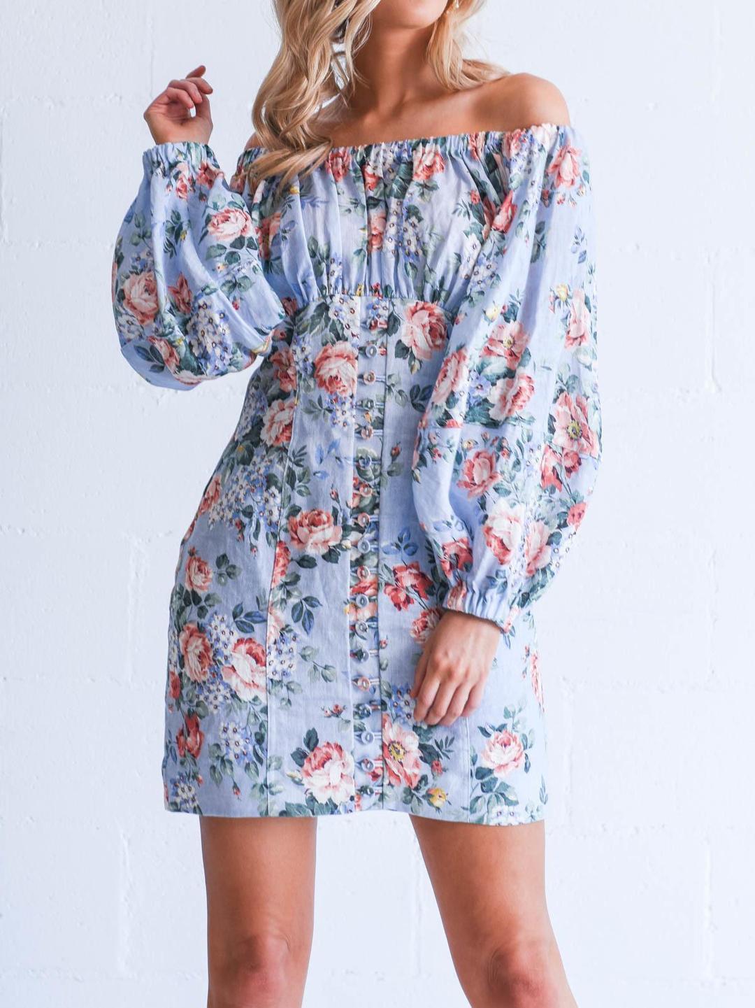 Zimmermann Bowie Off Shoulder Mini Dress Lilac Floral Print Size 8 for rent on The Volte - main image