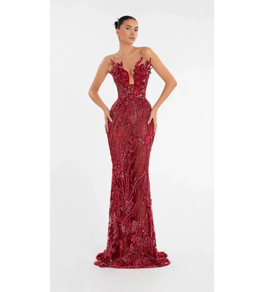 Albina Dyla Long Dress With Flower Embellishment Red Size AU 6 for rent on The Volte - main image