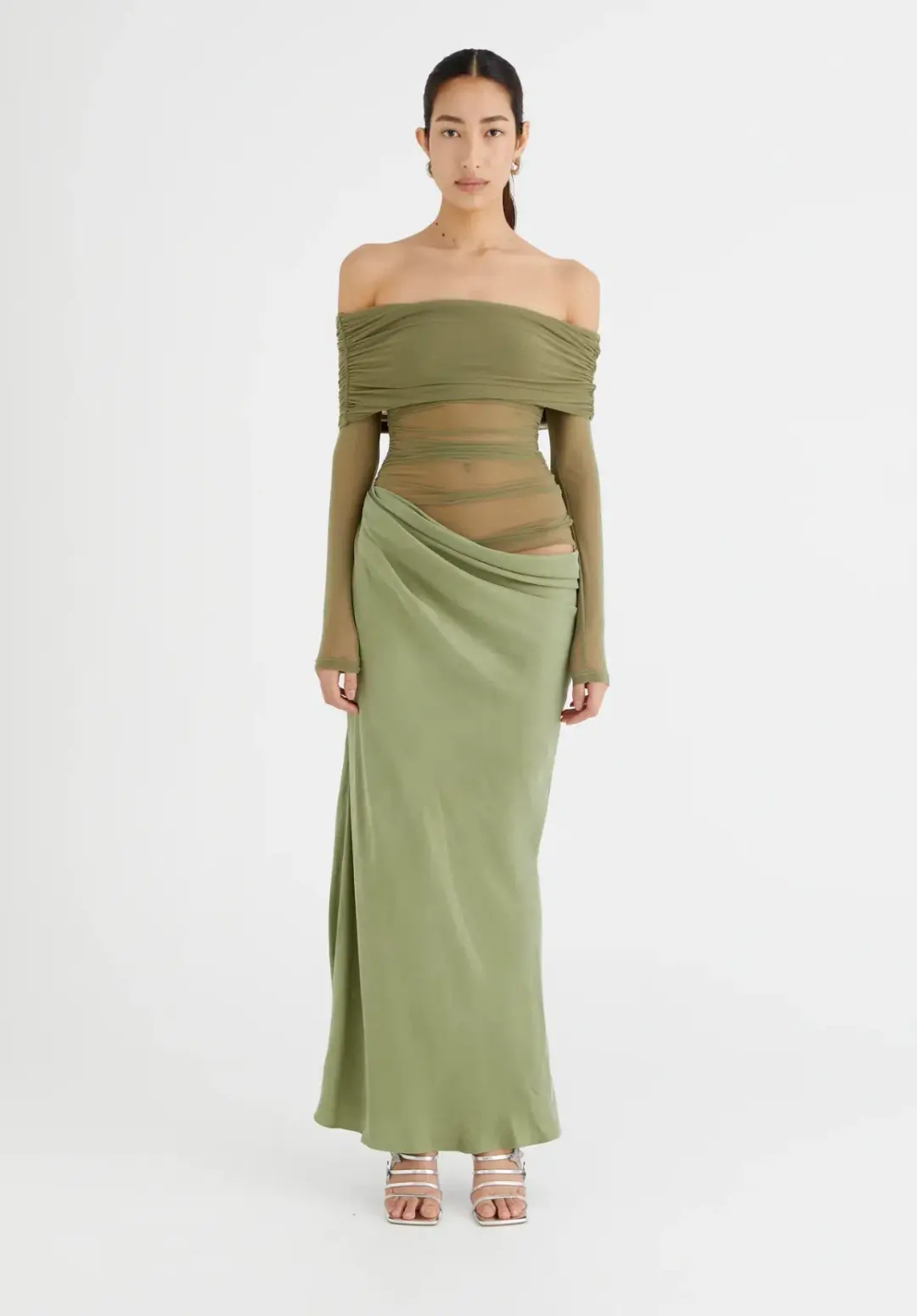 Benni Yasmin Off Shoulder Maxi Dress Pistachio Green Size 10 for rent on The Volte - main image