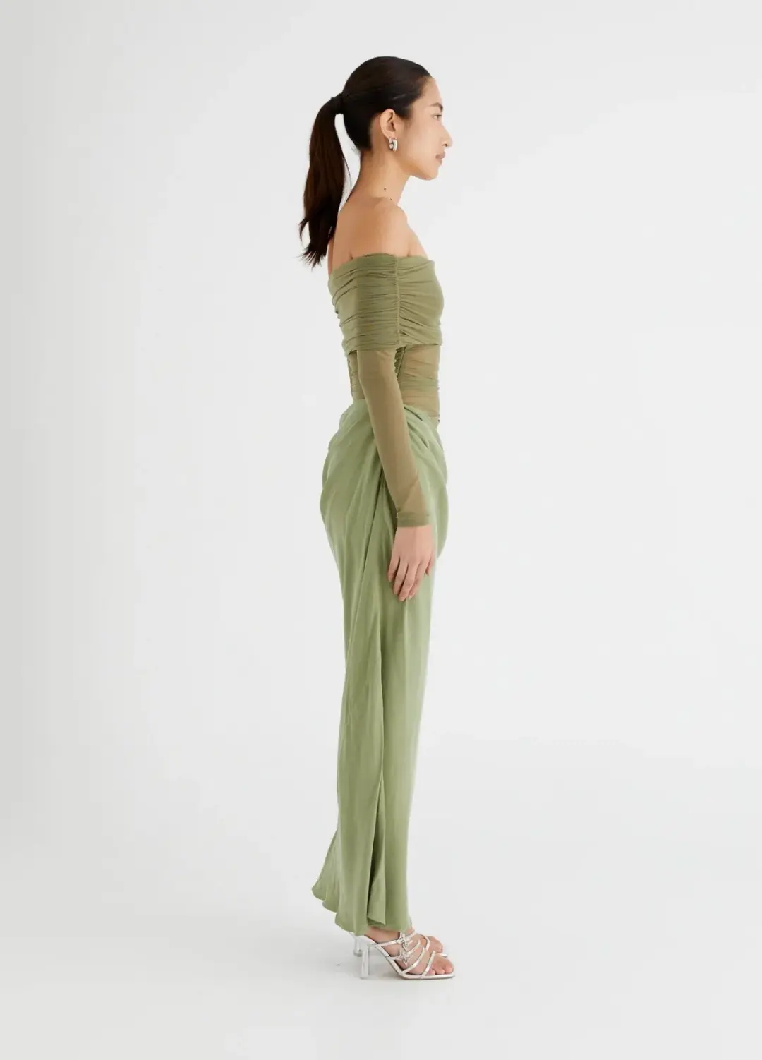 Benni Yasmin Off Shoulder Maxi Dress Pistachio Green Size 10 for rent on The Volte - main image