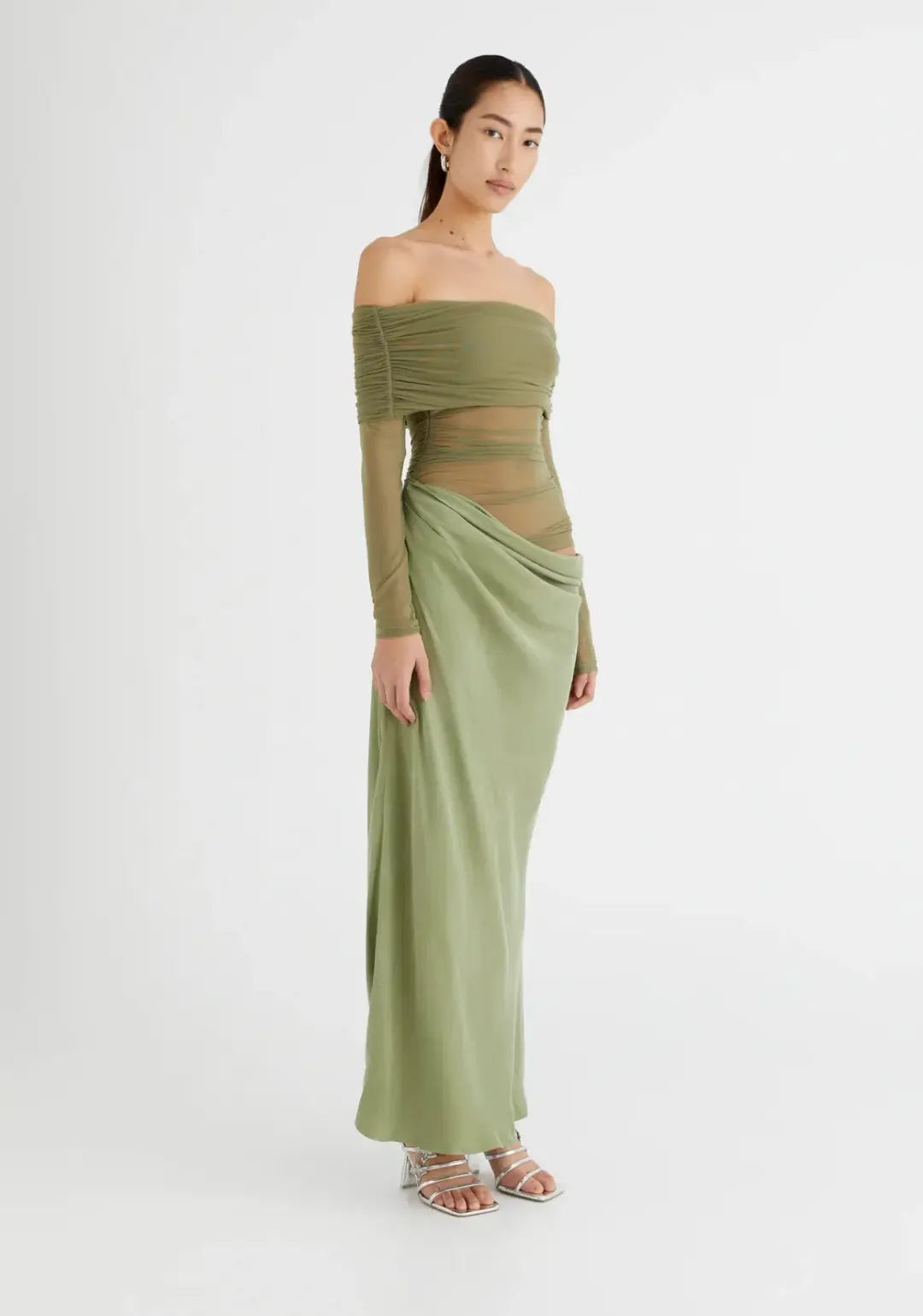 Benni Yasmin Off Shoulder Maxi Dress Pistachio Green Size 10 for rent on The Volte - main image