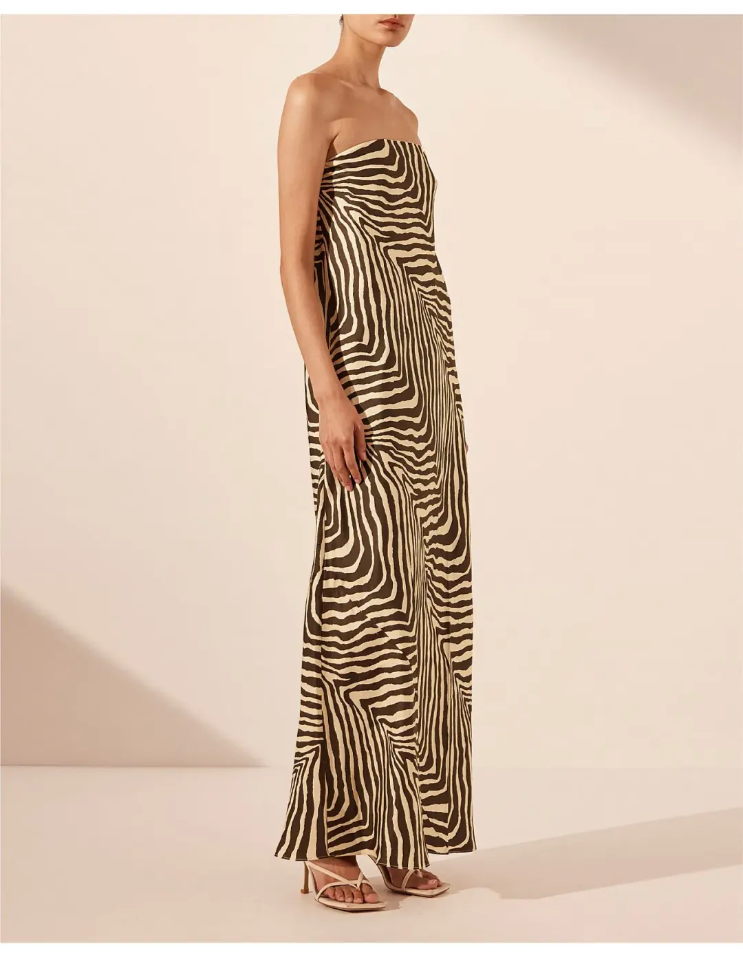 Shona Joy Sana Zebra Silk Strapless Bias Maxi Dress Bone/Chocolate Size 10 for rent on The Volte - main image