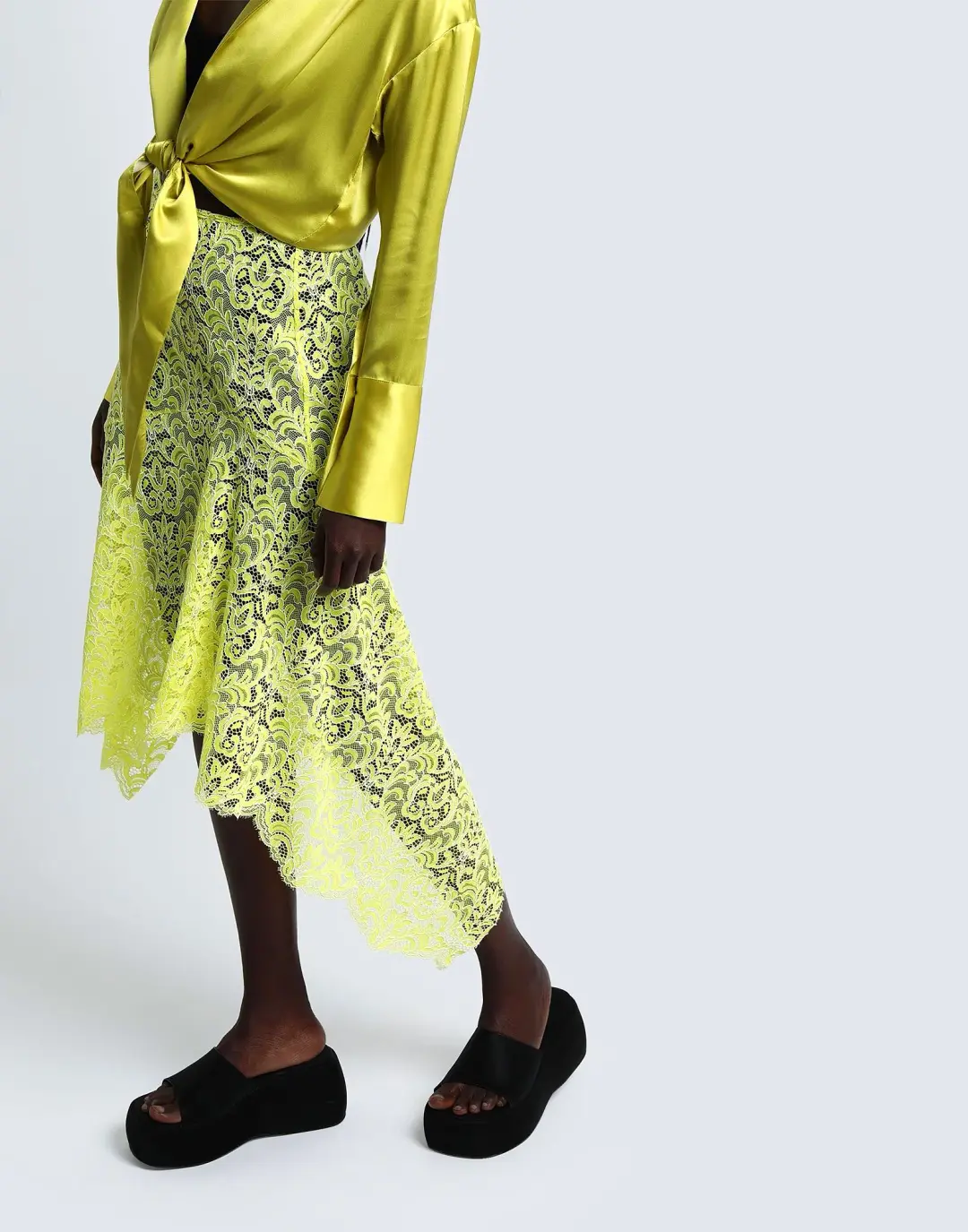 Marques Almeida Lace Layered Midi Skirt Yellow Black Size 10 for rent on The Volte - main image