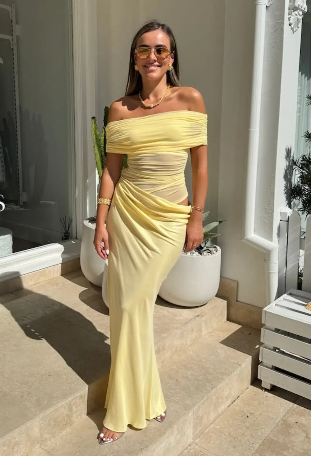 Benni Nico Off Shoulder Maxi Dress in Butter Yellow Size 10 for rent on The Volte - main image