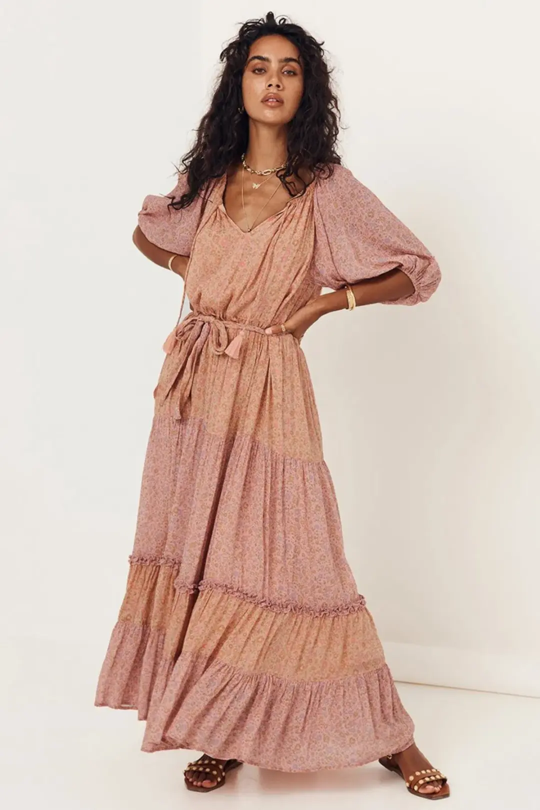 Spell & The Gypsy Rae Off Shoulder Gown Pink Peach Floral Size S / AU 8 for rent on The Volte - main image