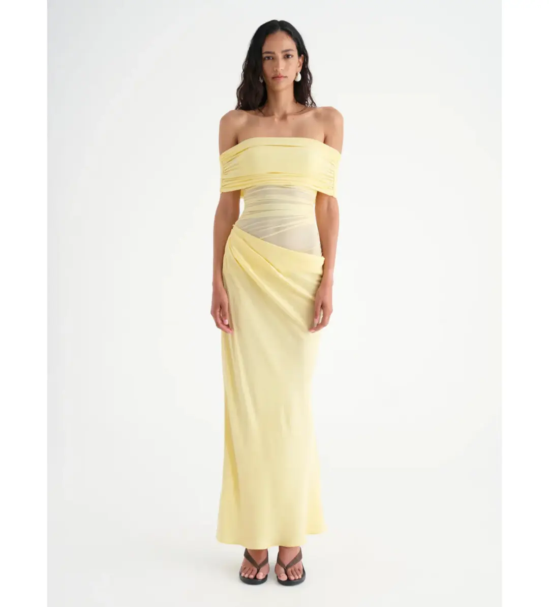 Benni Nico Off Shoulder Maxi Dress in Butter Size AU 8 for rent on The Volte - main image