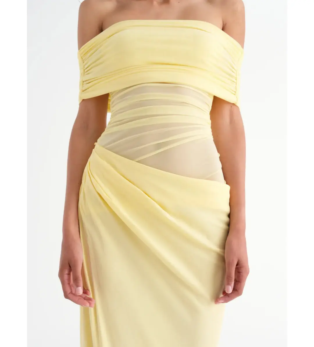 Benni Nico Off Shoulder Maxi Dress in Butter Size AU 8 for rent on The Volte - main image