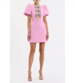 Rebecca Vallance Juliana Puff Sleeve Mini Dress Pink Size AU 12