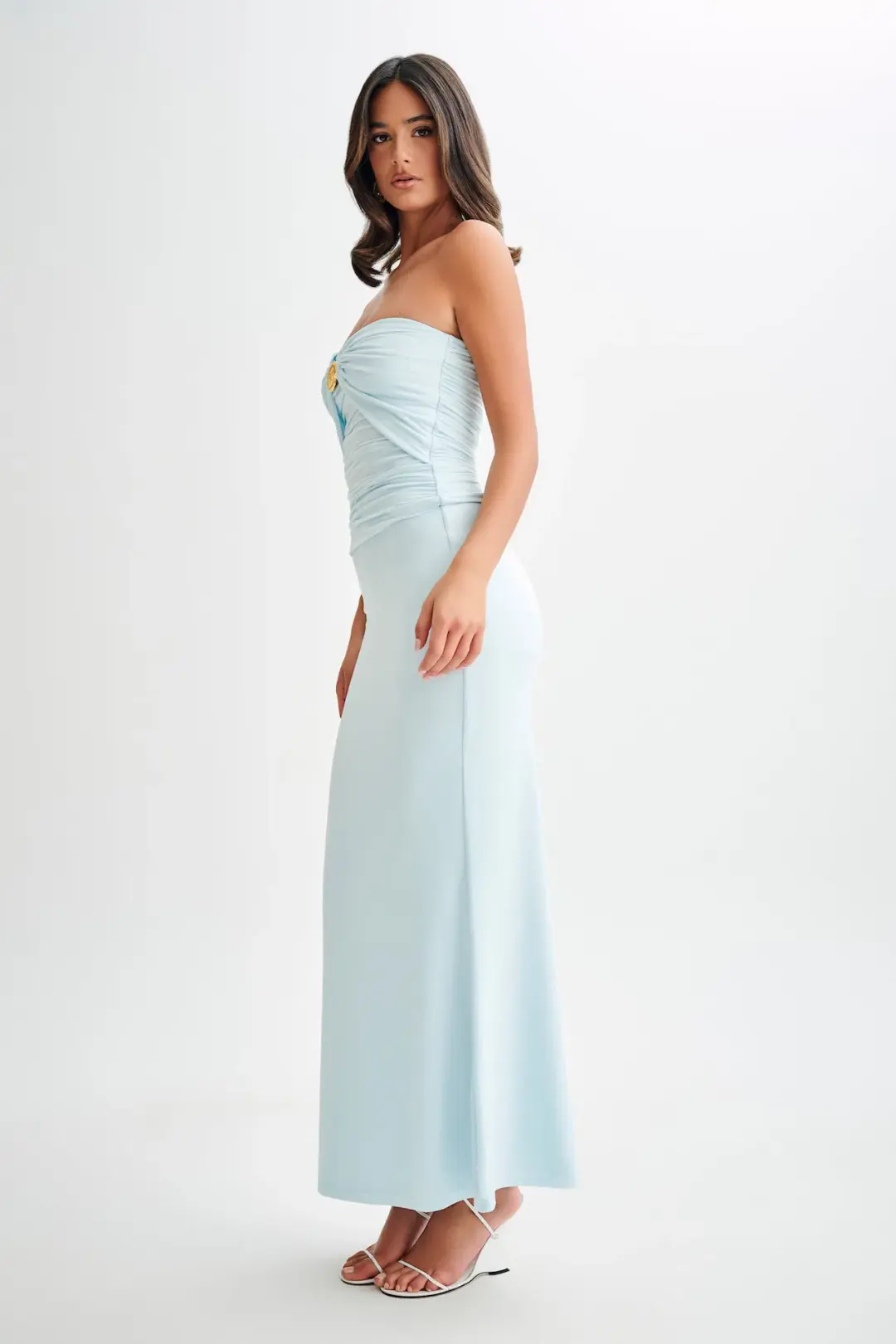 Meshki Winslet Strapless Slinky Longline Top and Bruna Slinky Fishtail Skirt Set in Sky Blue Size S / AU 8 for rent on The Volte - main image