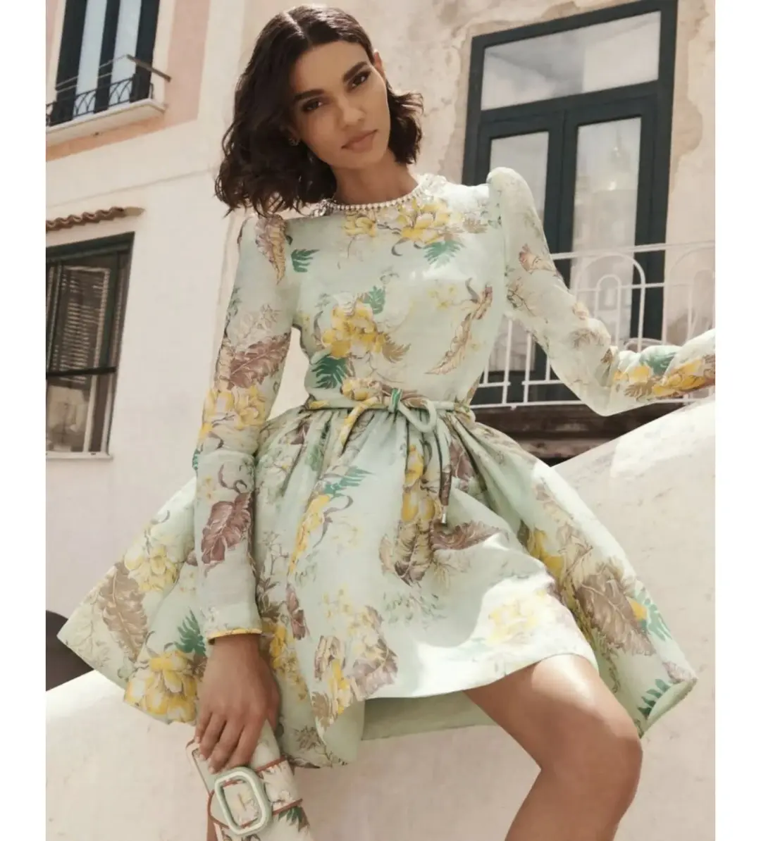 Zimmermann Matchmaker Tulip Mini Dress in Mint Tropical Floral Size 2 / AU 12 for rent on The Volte - main image