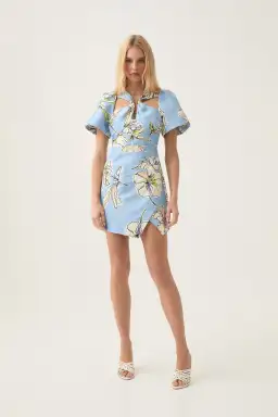 Aje Presence Twisted Mini Dress Blue Hibiscus Size 6