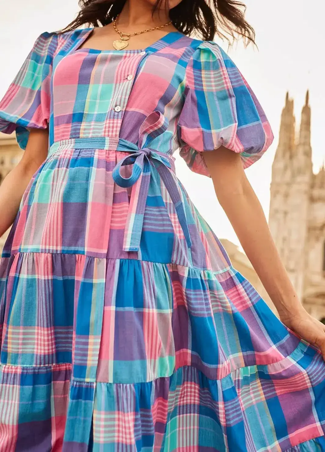 Bohemian Traders Midi Dress Blue/Pink Check Size 22 for rent on The Volte - main image