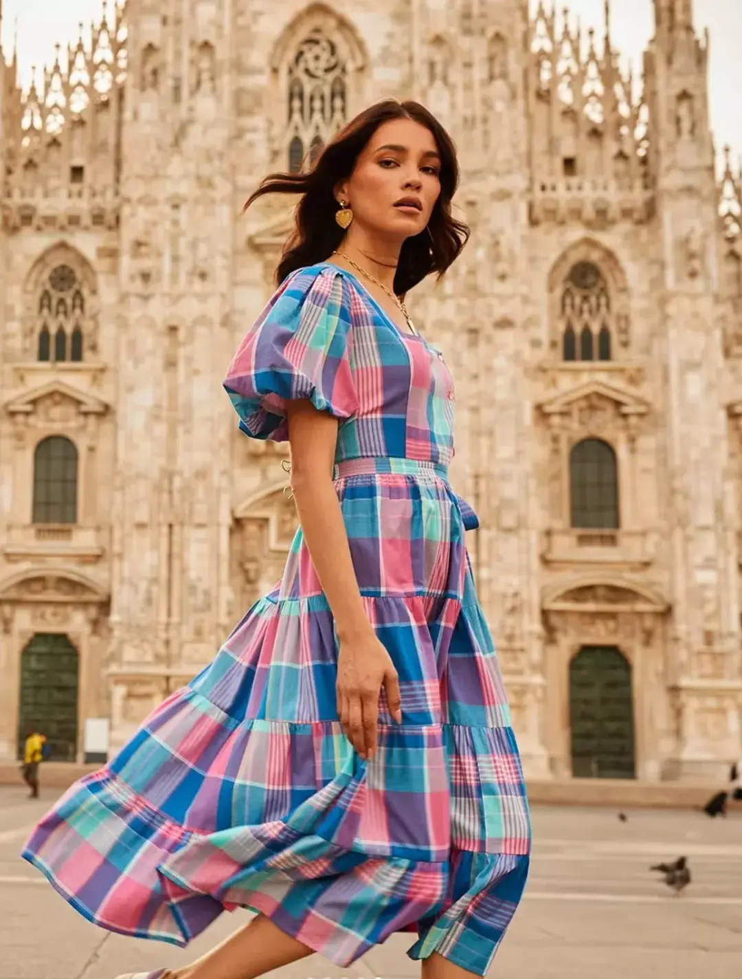 Bohemian Traders Midi Dress Blue/Pink Check Size 22 for rent on The Volte - main image