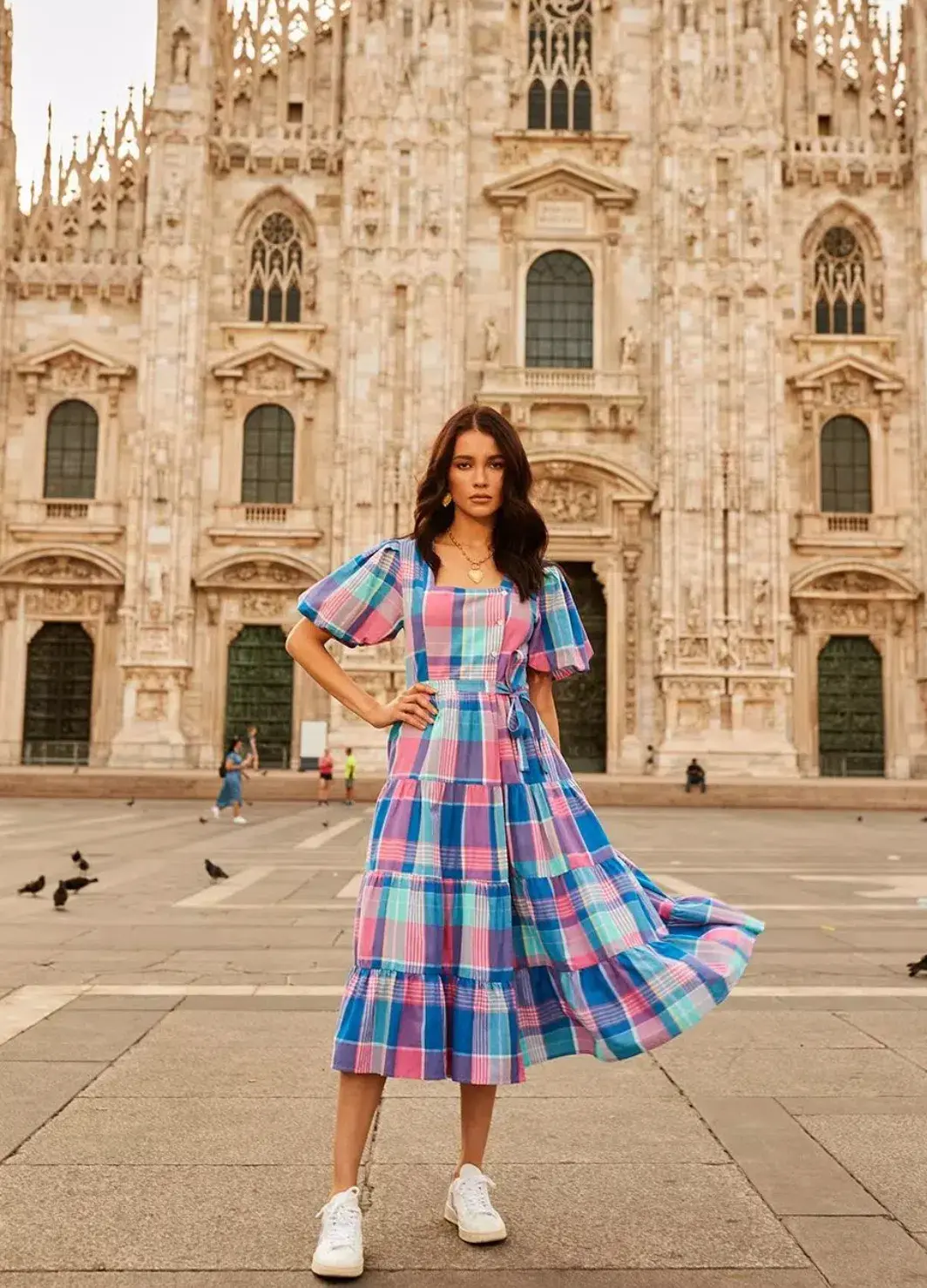 Bohemian Traders Midi Dress Blue/Pink Check Size 22 for rent on The Volte - main image