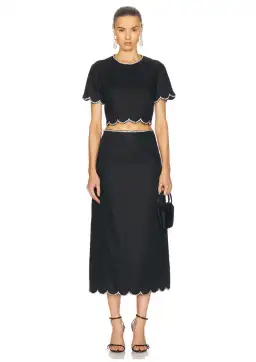 Zimmermann Crush Scalloped Top & Midi Skirt Set Black Size 0 / AU 8