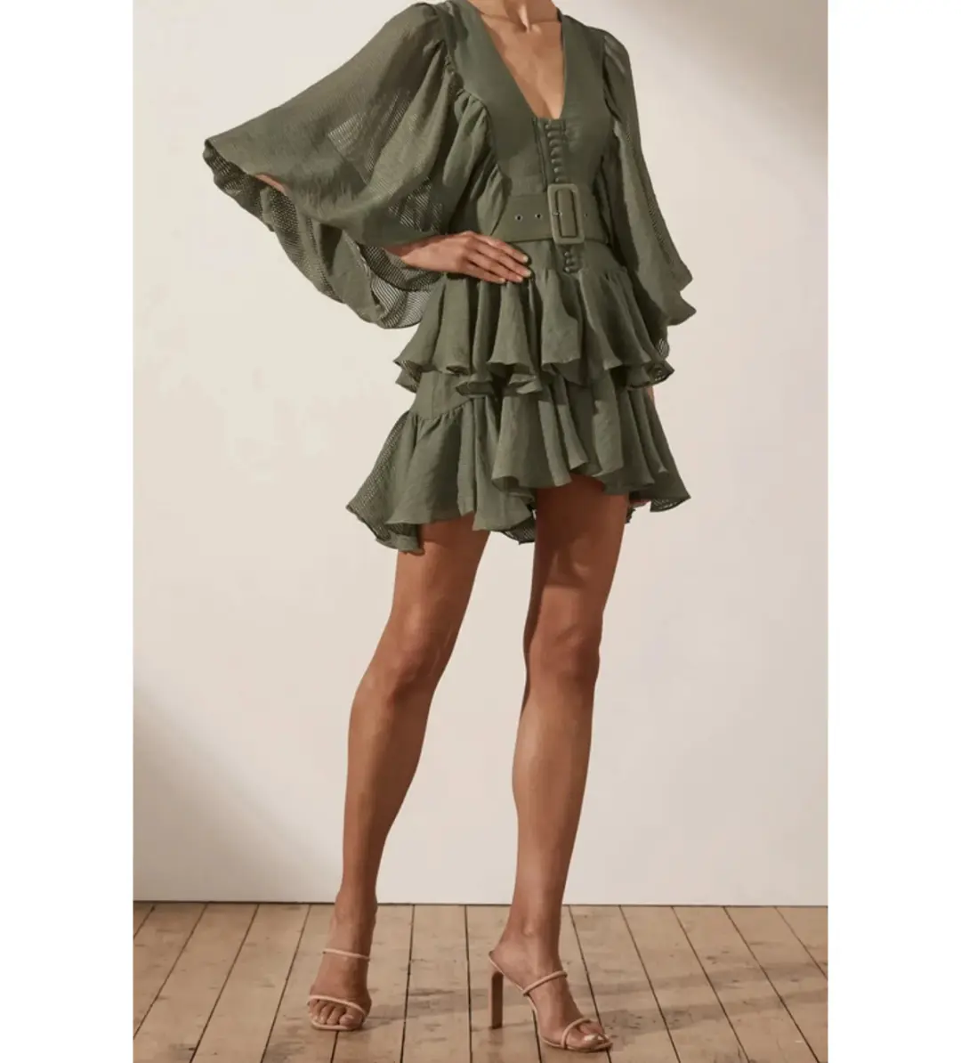 Shona Joy Charlotte Mini Dress Khaki Green Size AU 10 for rent on The Volte - main image