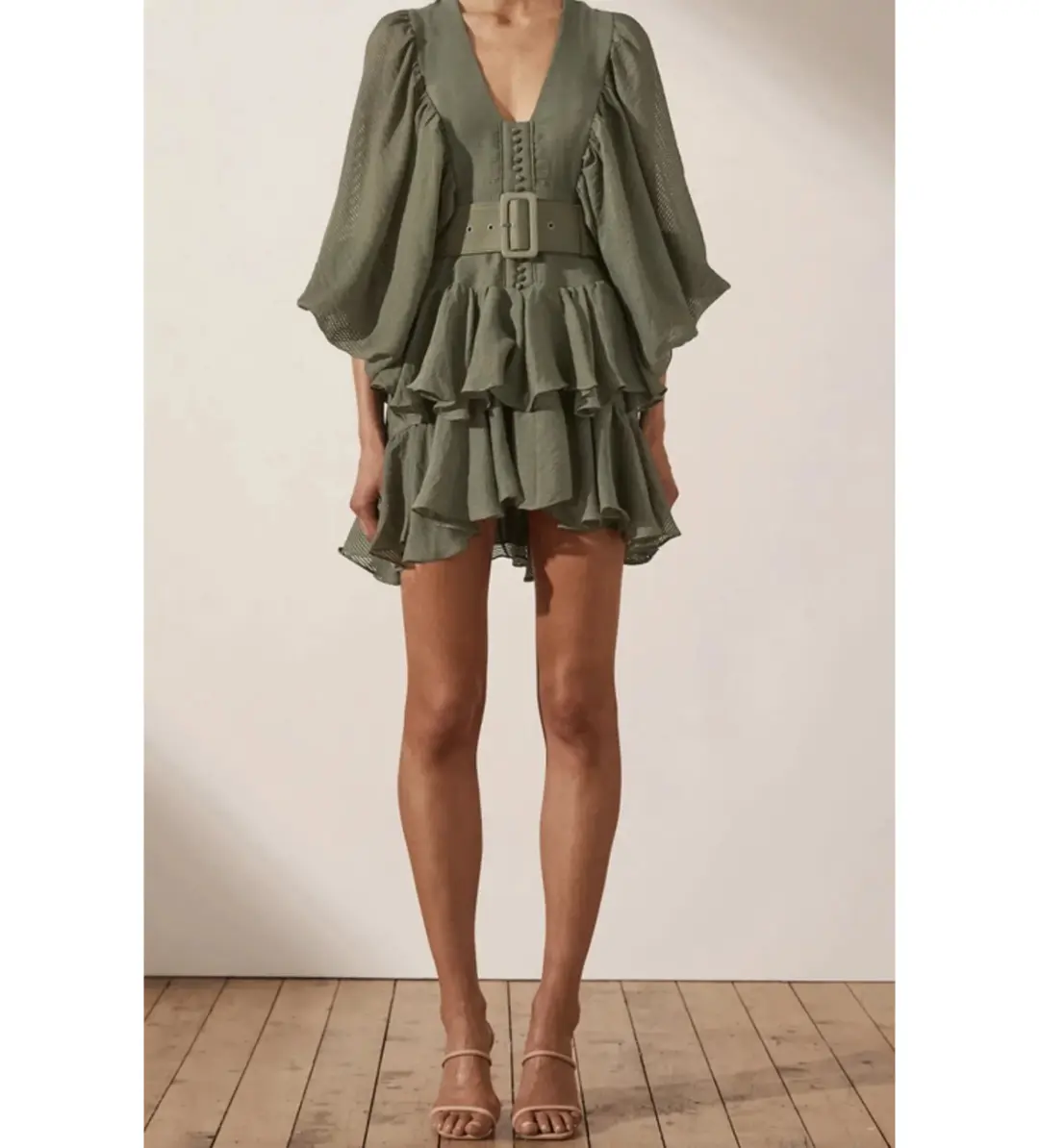Shona Joy Charlotte Mini Dress Khaki Green Size AU 10 for rent on The Volte - main image