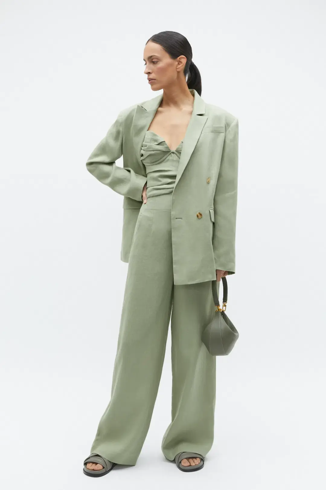 Seed Heritage Linen Balconette Top & Core Linen Waisted Pant Set Pale Olive Green Size 8 for rent on The Volte - main image