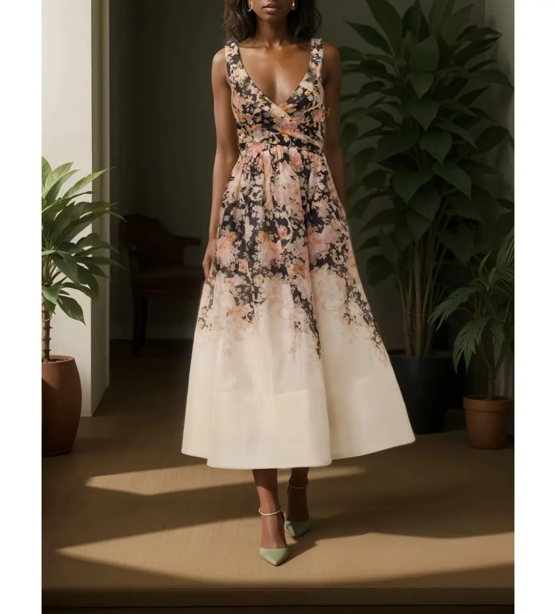 Zimmermann Illustration Midi Dress Tea Rococo Floral Size 1 / AU 8 for rent on The Volte - main image