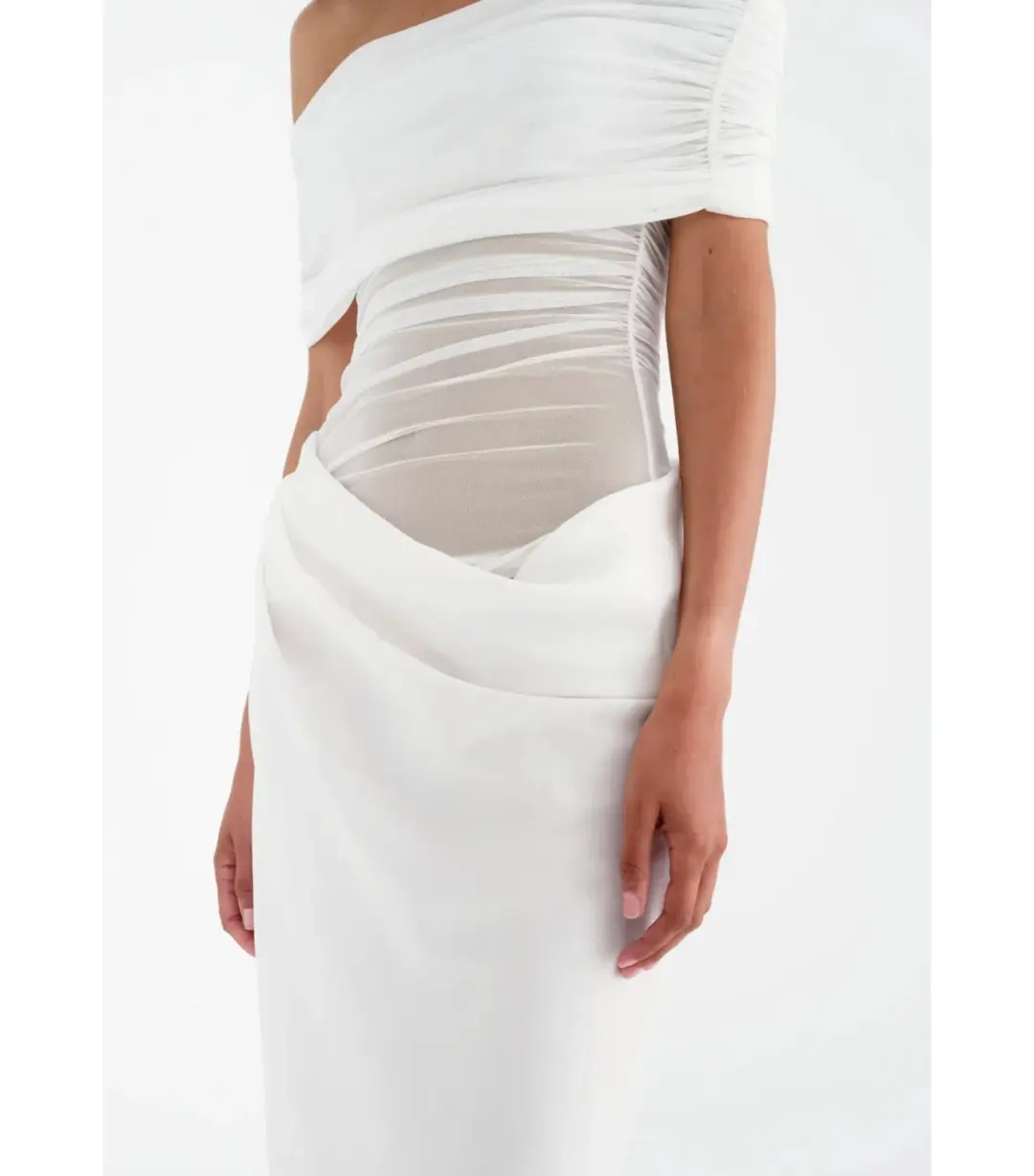 Benni Nico Off Shoulder Maxi Dress in White Size AU 12 for rent on The Volte - main image