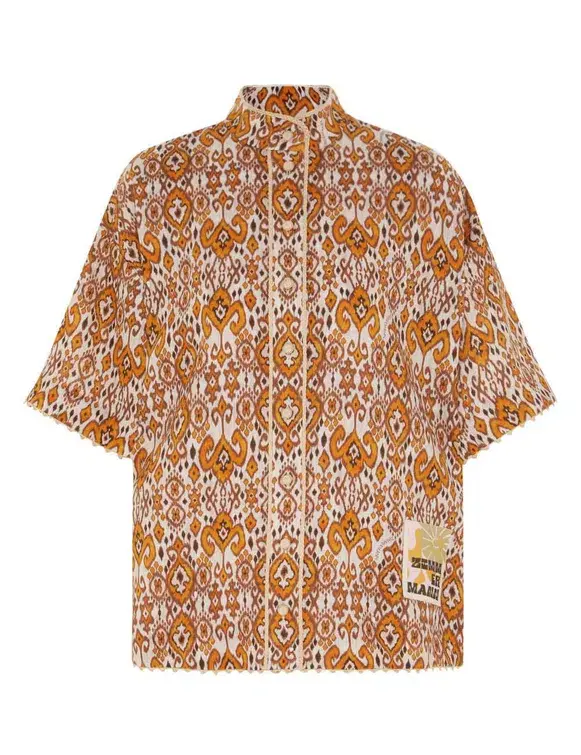 Zimmermann Wylie Relaxed Shirt Size 0P / AU 6 and Fitted Short Size 1 / AU 10 Set in Orange Ikat for rent on The Volte - main image