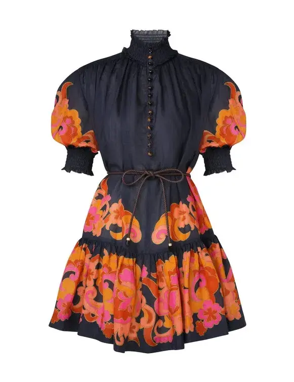 Zimmermann Acadian Lantern Ramie Mini Dress Navy Paisley Size 3 / AU 14 for rent on The Volte - main image