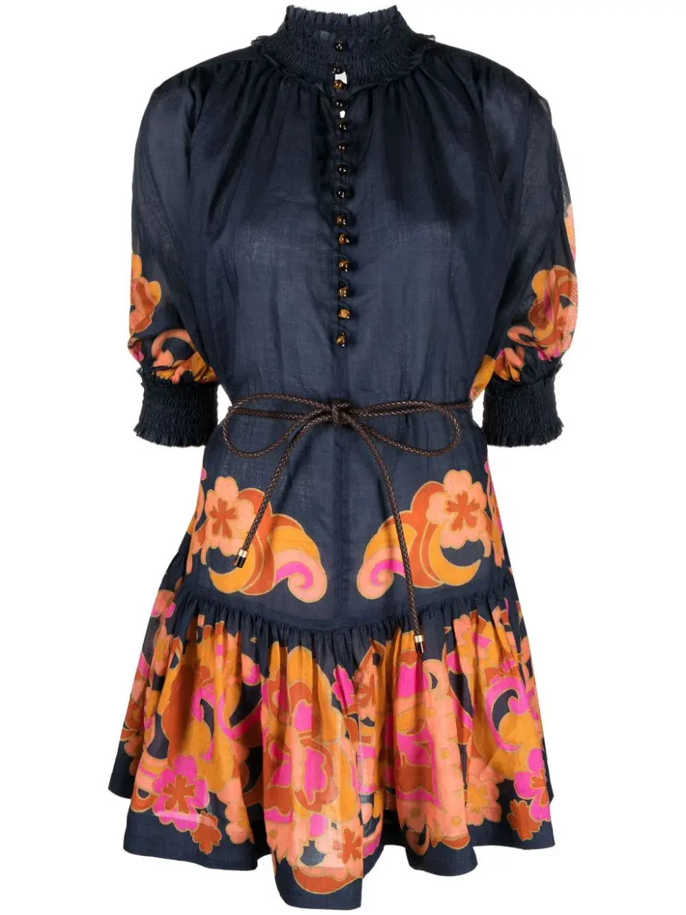 Zimmermann Acadian Lantern Ramie Mini Dress Navy Paisley Size 3 / AU 14 for rent on The Volte - main image
