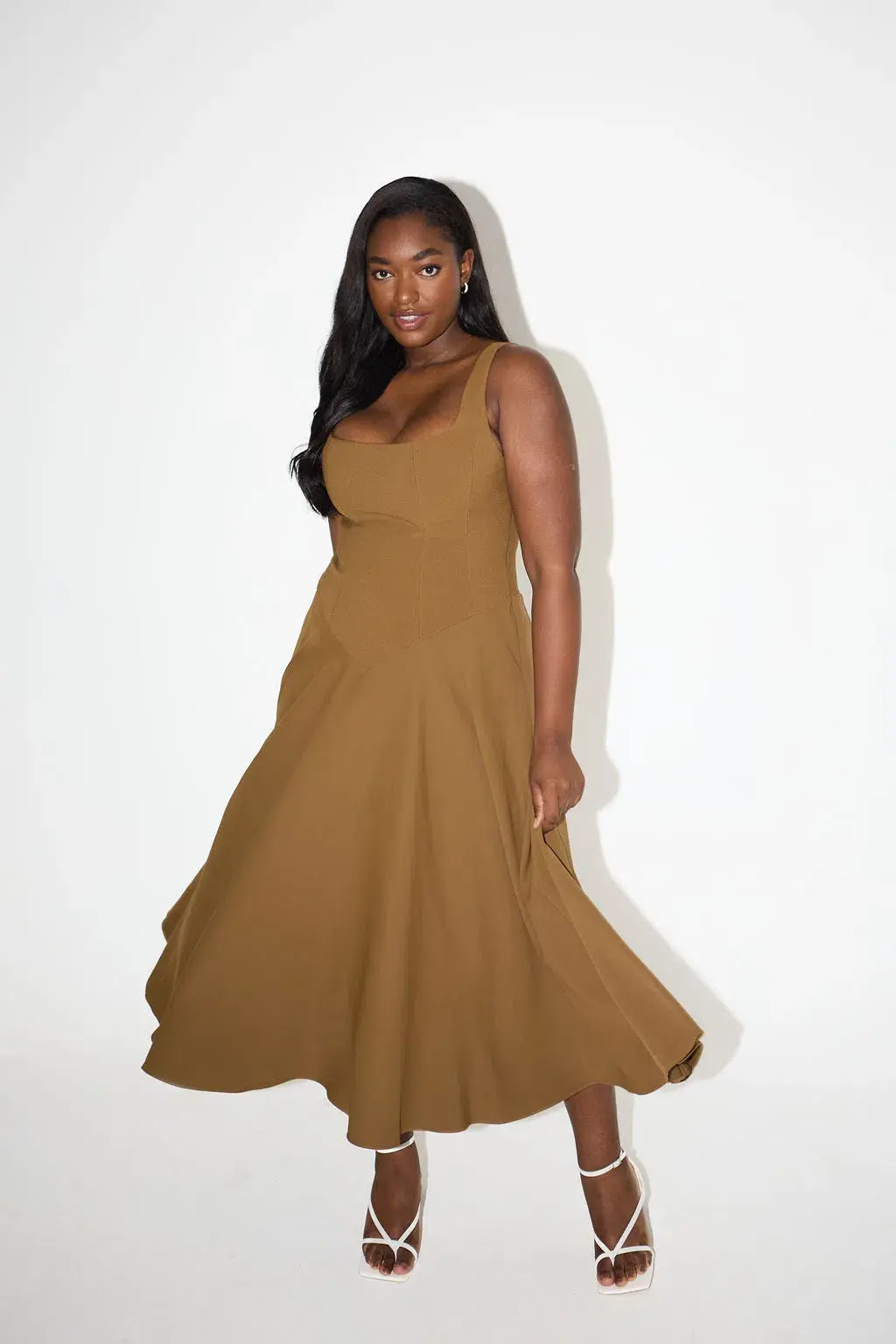 Odd Muse The Ultimate Muse Low Waist Square Neck Midi Dress Olive Size 18 for rent on The Volte - main image
