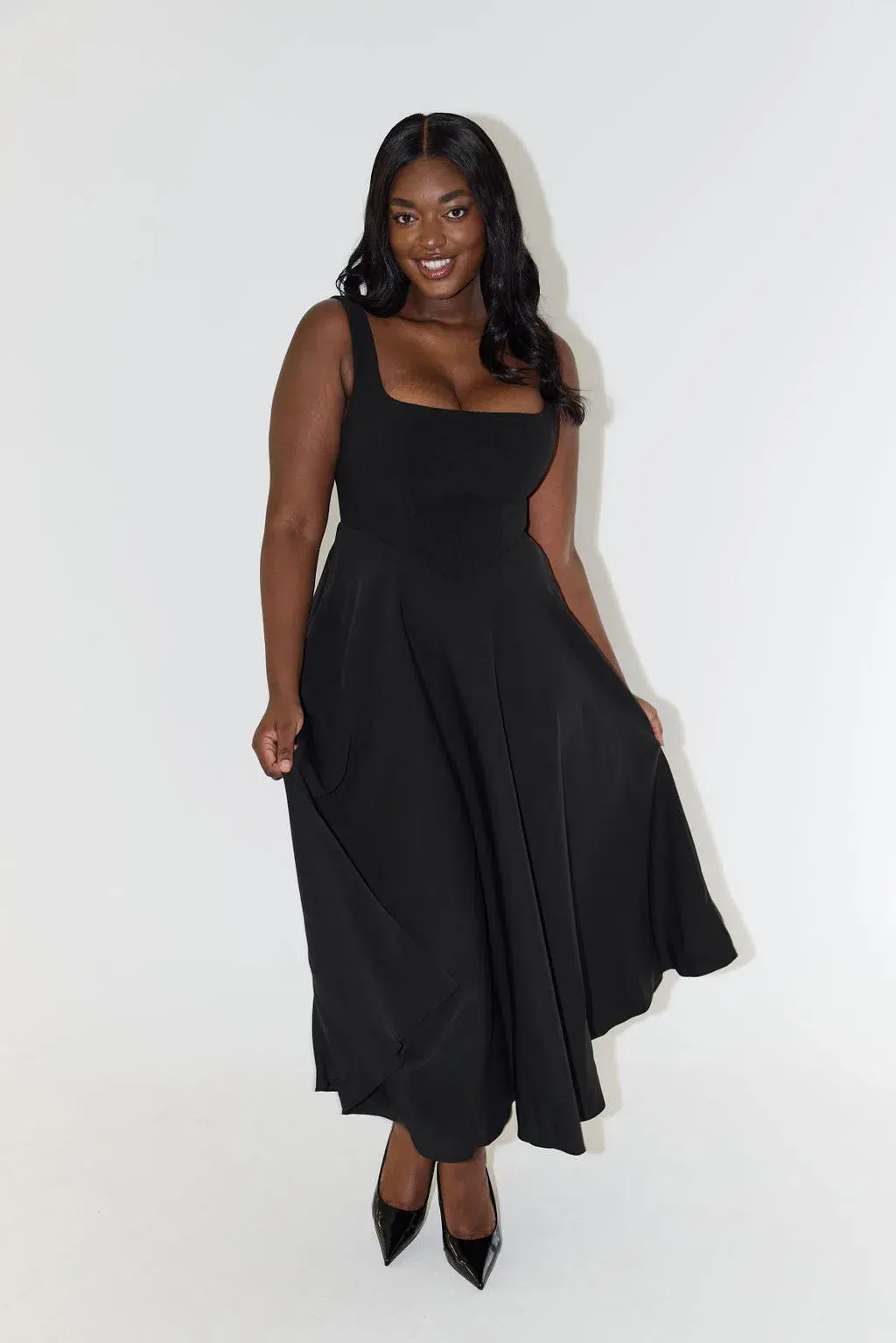 Odd Muse The Ultimate Muse High Waist Square Neck Midi Dress Black Size 18 for rent on The Volte - main image