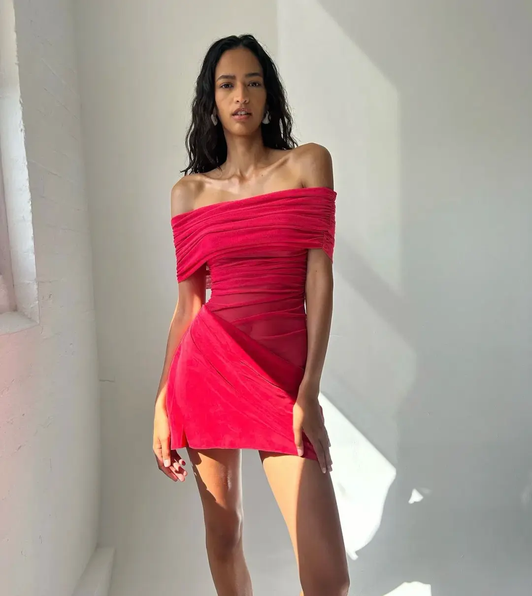 Benni Nico Off Shoulder Mini Dress in Watermelon Size 12 for rent on The Volte - main image