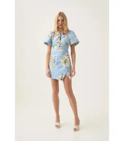 Aje Presence Twisted Mini Dress in Blue Hibiscus Size AU 12 for rent on The Volte - image 1