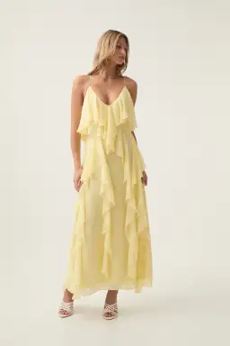 Aje Valentine Frill Maxi Dress Acacia Yellow Size AU 8