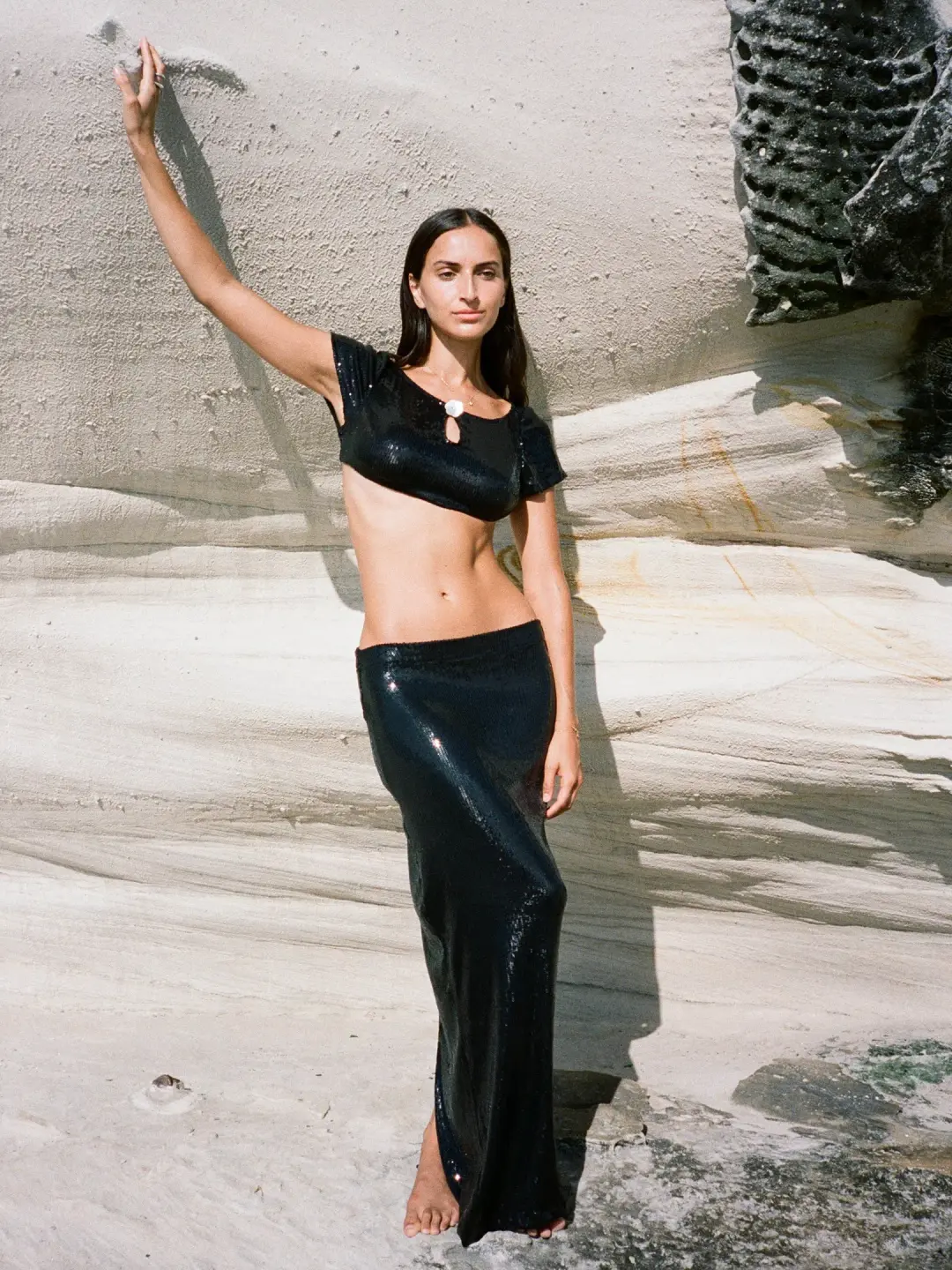 Buci Sequin Flower Top And Mermaid Skirt Set Black Size AU 6 for rent on The Volte - main image